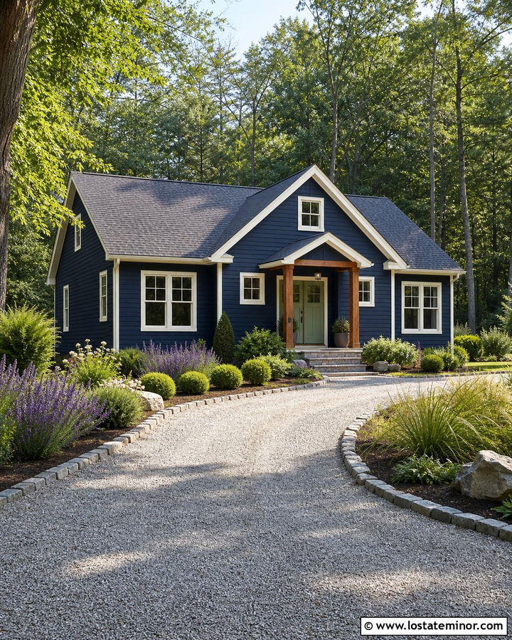 Midnight Blue Cottage With Curved Gravel Driveway - 30 Midnight Blue House Design With Driveway Ideas