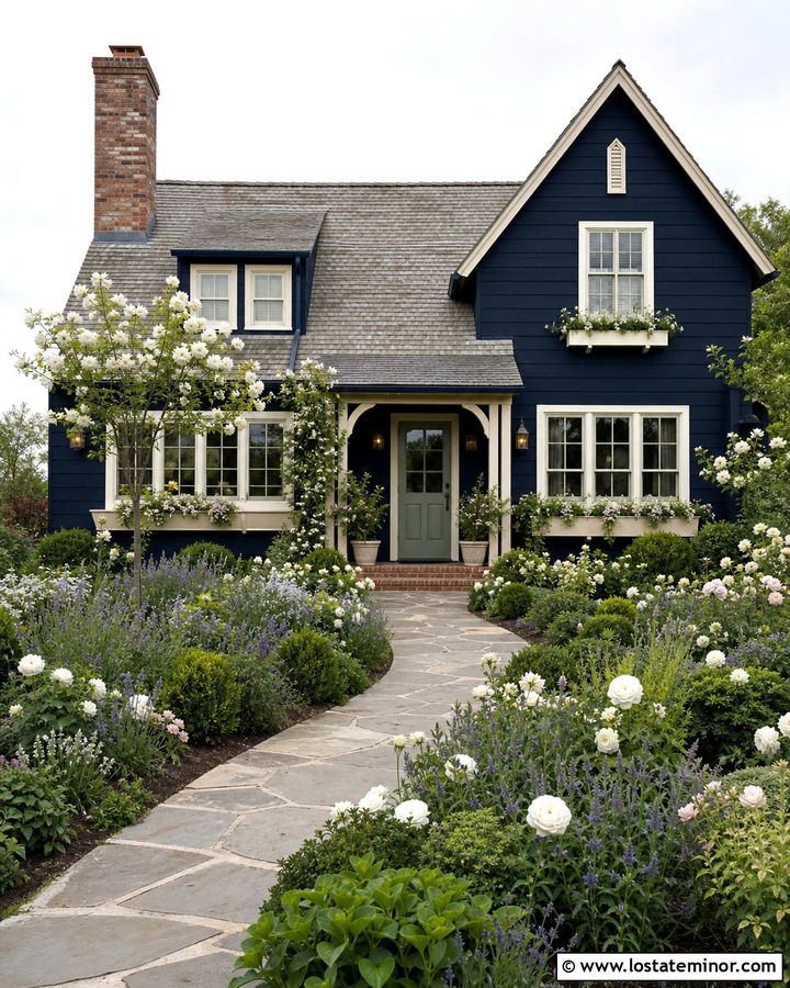 Midnight Blue Cottage With English Front Garden - 30 Midnight Blue House Design With Front Yard Ideas