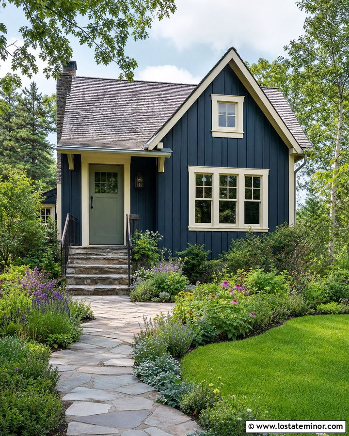 Midnight Blue Cottage With Fieldstone Steps - 30 Midnight Blue House Design With Steps Ideas