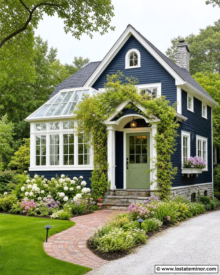 Midnight Blue Cottage With Garden Sunroom - 30 Midnight Blue House Design With Sunroom Ideas