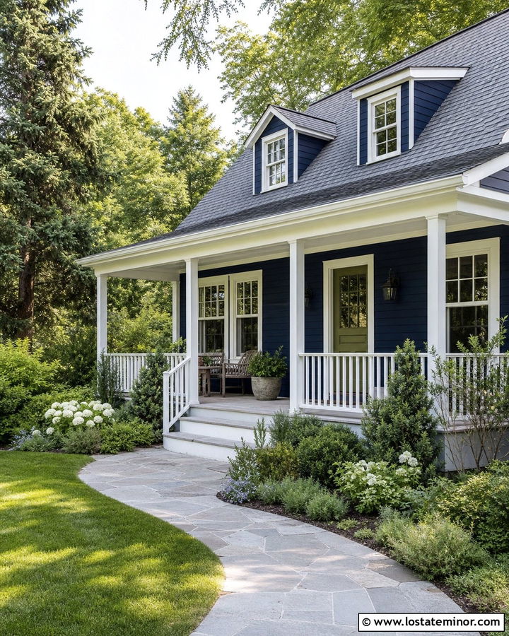Midnight Blue Cottage With Green Front Door - 30 Midnight Blue House Design With Front Porch Ideas