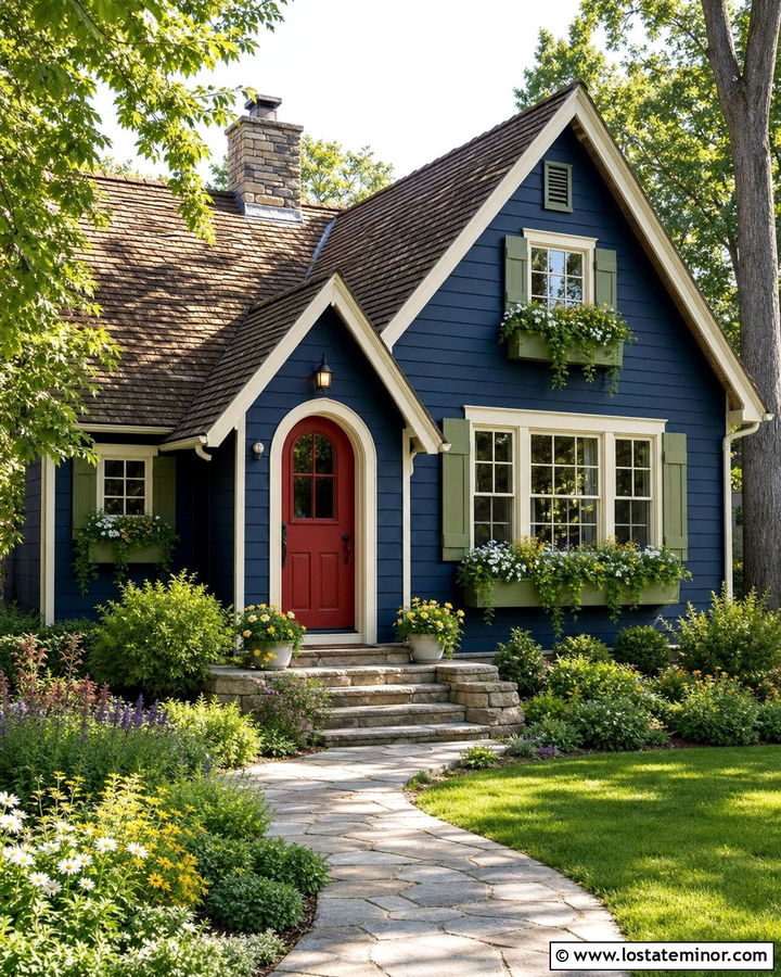 Midnight Blue Cottage With Green Window Boxes - 30 Midnight Blue House Design With Window Boxes Ideas