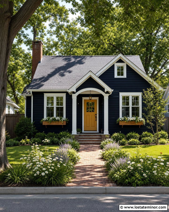 Midnight Blue Cottage With Mustard Yellow Entry Door - 30 Midnight Blue House Design With Entry Door Ideas