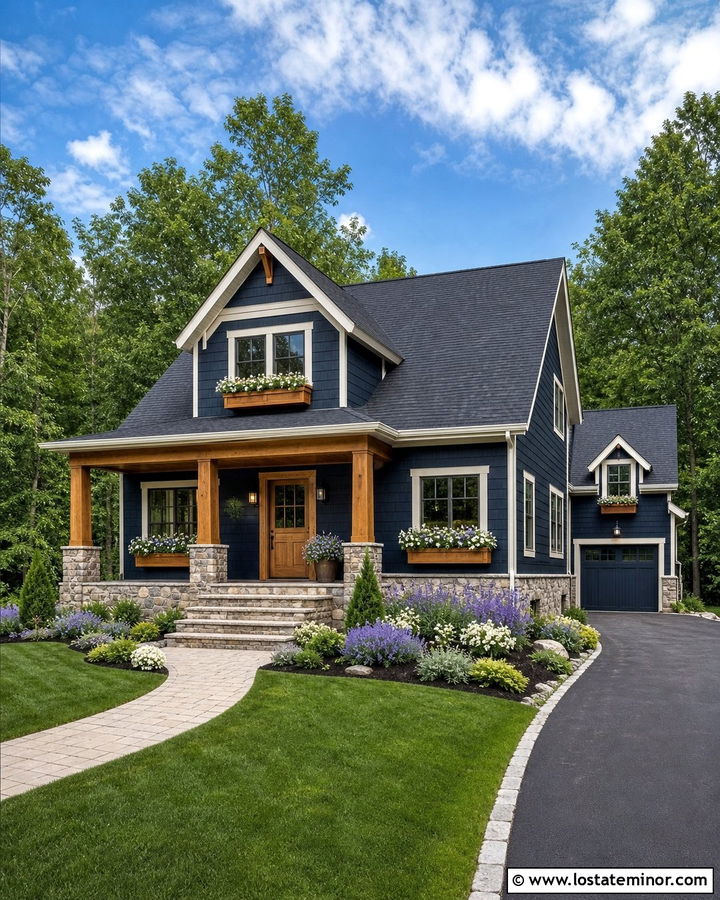 Midnight Blue Cottage With Natural Wood Porch Columns - 30 Midnight Blue House Design With Porch Columns Ideas
