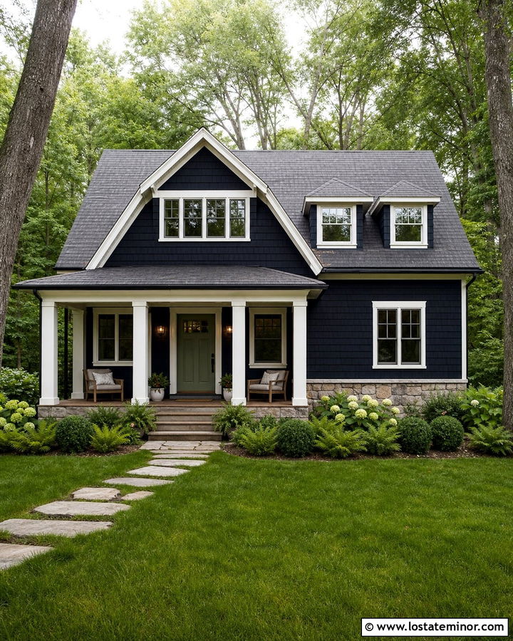 Midnight Blue Cottage With Sage Green Entry Door - 30 Midnight Blue House Design With Entry Door Ideas