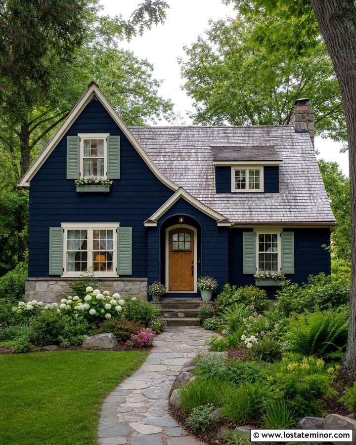 Midnight Blue Cottage With Sage Green Shutters - 30 Midnight Blue House Design With Shutters Ideas