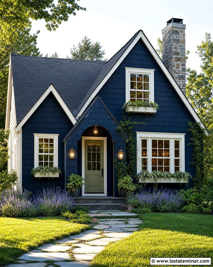 Midnight Blue Cottage With Vintage Lanterns - 30 Midnight Blue House Design With Lighting Ideas