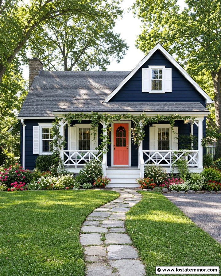 Midnight Blue Cottage With White X Railings - 30 Midnight Blue House Design With Railings Ideas