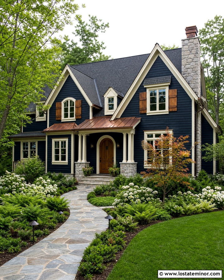 Midnight Blue Cottage With Wood Shutters And Copper Roof - 30 Midnight Blue House Design With Shutters Ideas