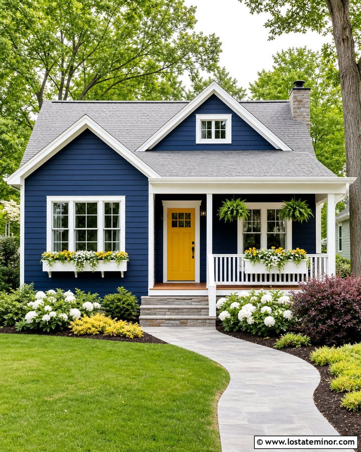 Midnight Blue Cottage With Yellow Door And Window Boxes - 30 Midnight Blue House Design With Window Boxes Ideas