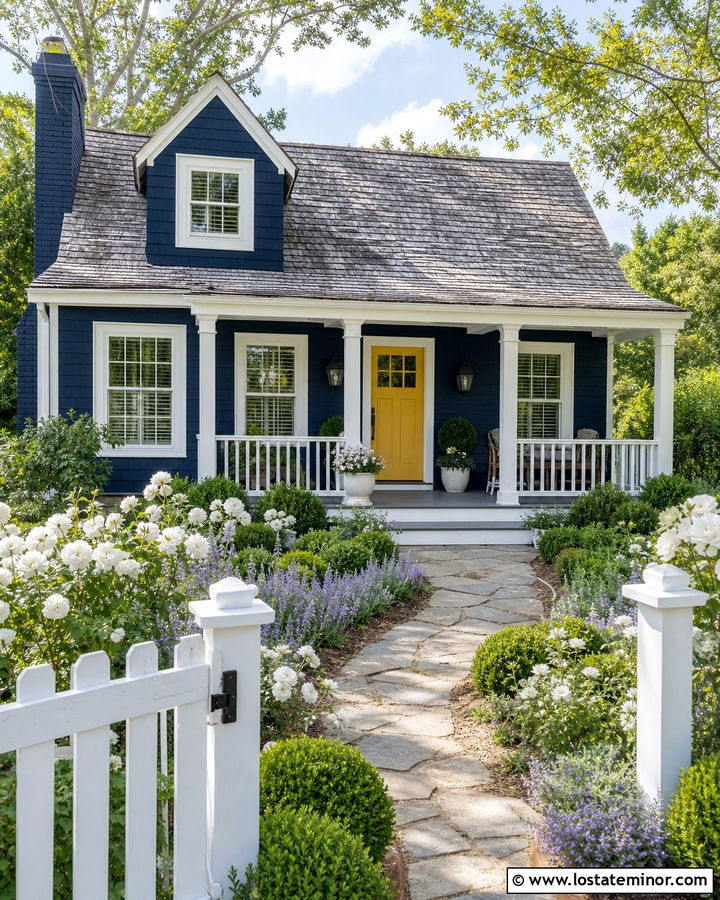 Midnight Blue Cottage With Yellow Front Door - 30 Midnight Blue House Design With Front Porch Ideas