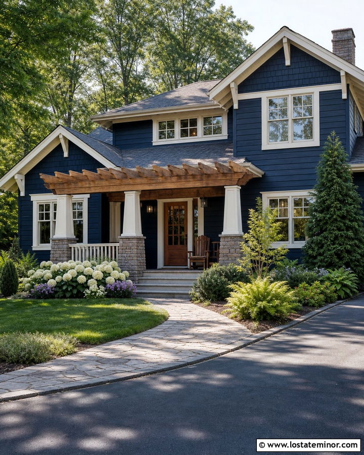 Midnight Blue Craftsman House With Pergola - 30 Midnight Blue House Design With Pergola Ideas