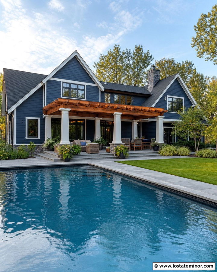 Midnight Blue Craftsman House With Pool And Cedar Pergola - 30 Midnight Blue House Design With Swimming Pool Ideas