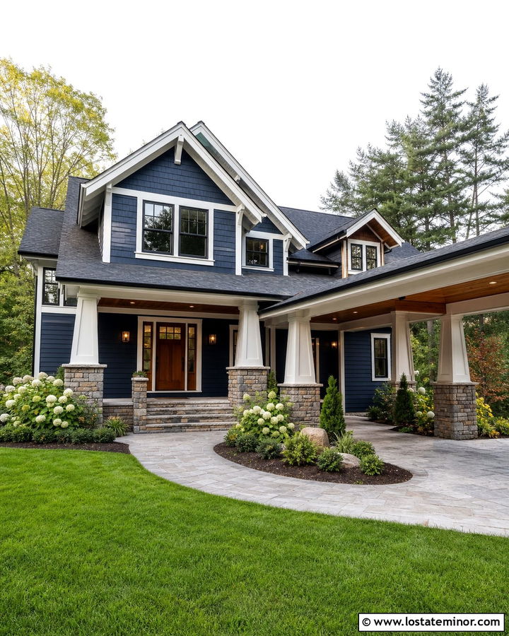 Midnight Blue Craftsman House With Stone Carport Columns - 30 Midnight Blue House Design With Carport Ideas