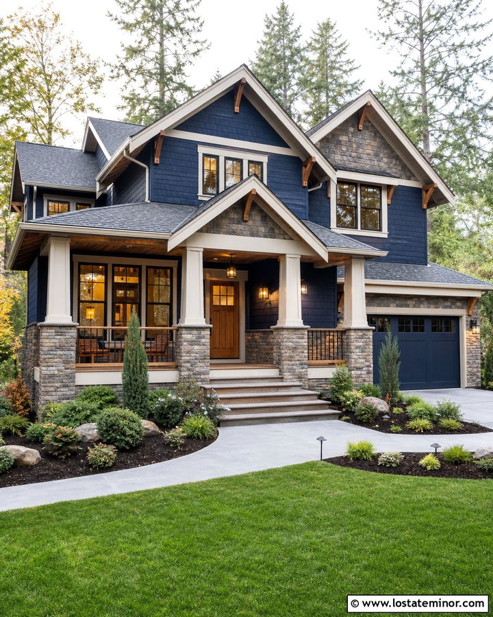 Midnight Blue Craftsman House With Stone Gables - 30 Midnight Blue House Design With Gables Ideas
