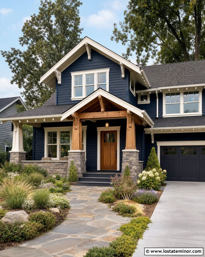 Midnight Blue Craftsman House With Wood Portico - 30 Midnight Blue House Design With Portico Ideas