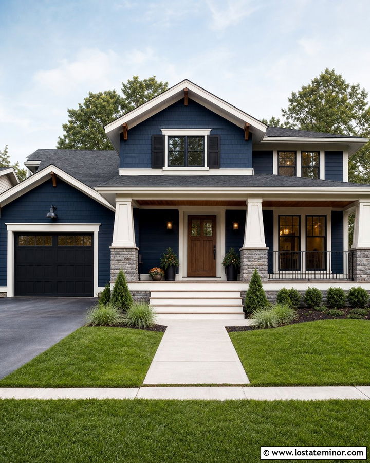 Midnight Blue Craftsman With Black Shutters And Stone - 30 Midnight Blue House Design With Shutters Ideas