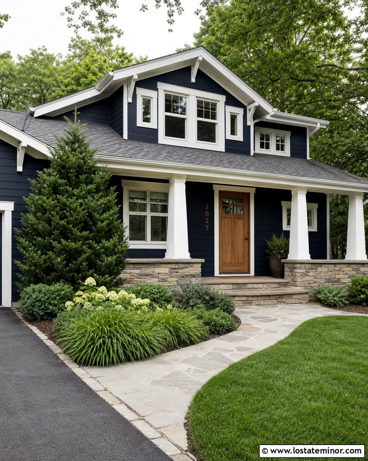 Midnight Blue Craftsman With Brass House Numbers - 30 Midnight Blue House Design With House Numbers Ideas