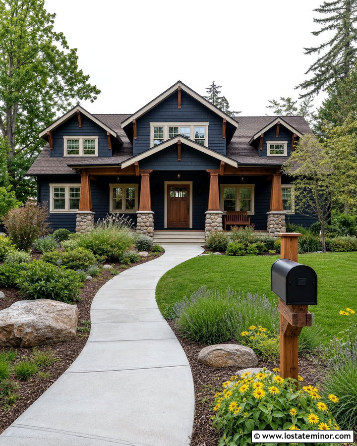 Midnight Blue Craftsman With Cedar Mailbox Post - 30 Midnight Blue House Design With Mailbox Ideas