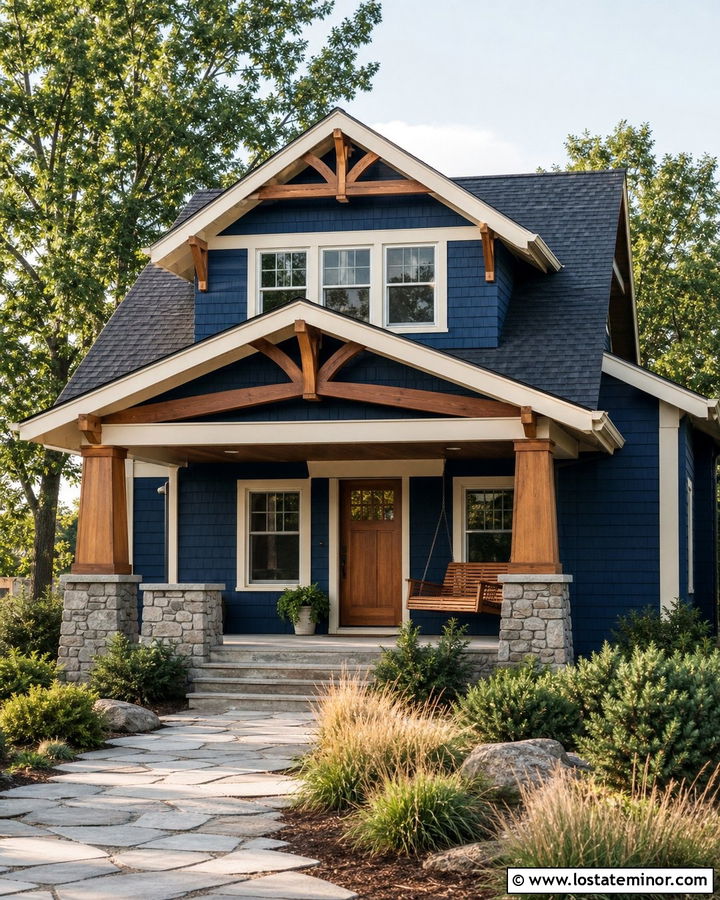 Midnight Blue Craftsman With Cedar Porch Swing - 30 Midnight Blue House Design With Swing Ideas