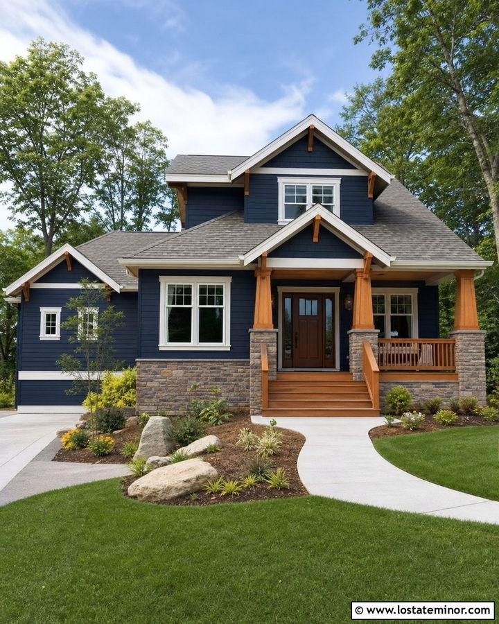 Midnight Blue Craftsman With Cedar Railings - 30 Midnight Blue House Design With Railings Ideas
