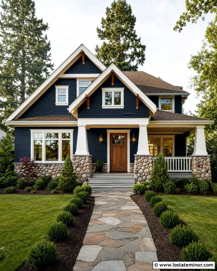 Midnight Blue Craftsman With Copper Sconces - 30 Midnight Blue House Design With Lighting Ideas