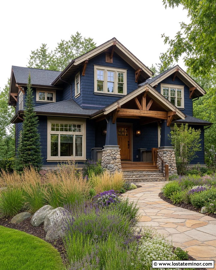 Midnight Blue Craftsman With Native Plant Garden - 30 Midnight Blue House Design With Front Yard Ideas