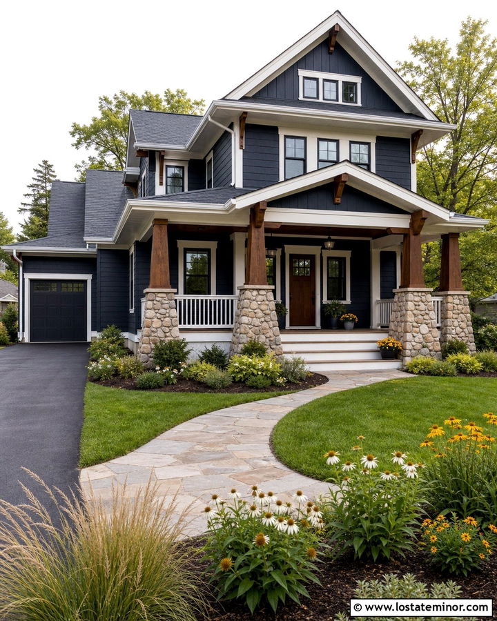 Midnight Blue Craftsman With Native Plant Landscaping - 30 Midnight Blue House Design With Landscaping Ideas