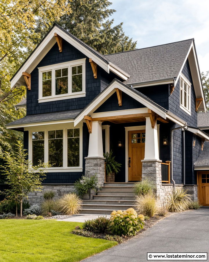 Midnight Blue Craftsman With Natural Oak Entry Door - 30 Midnight Blue House Design With Entry Door Ideas