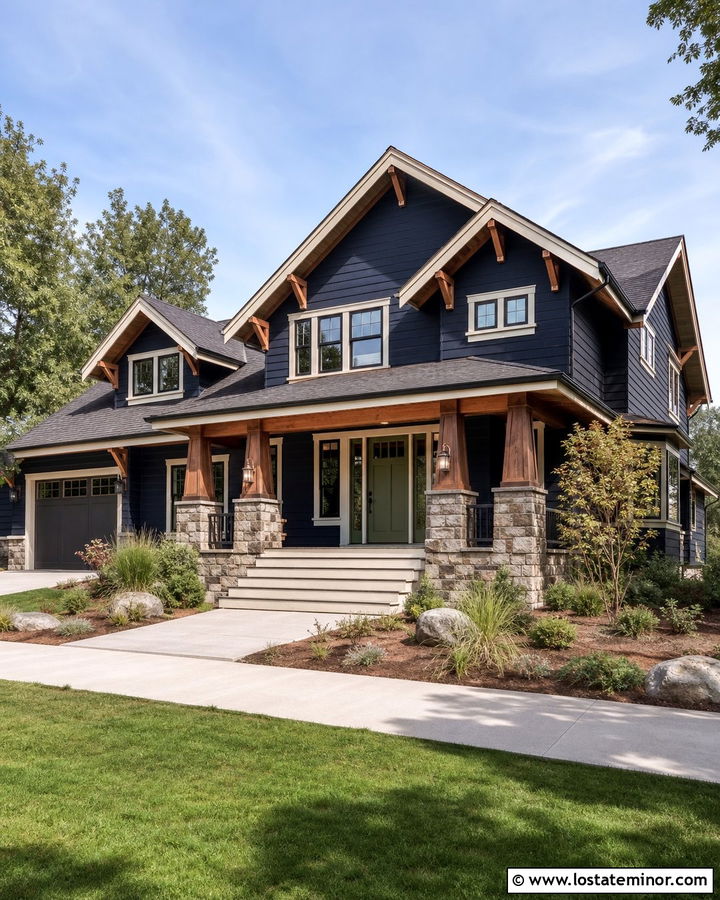 Midnight Blue Craftsman With Olive Green Entry Door - 30 Midnight Blue House Design With Entry Door Ideas