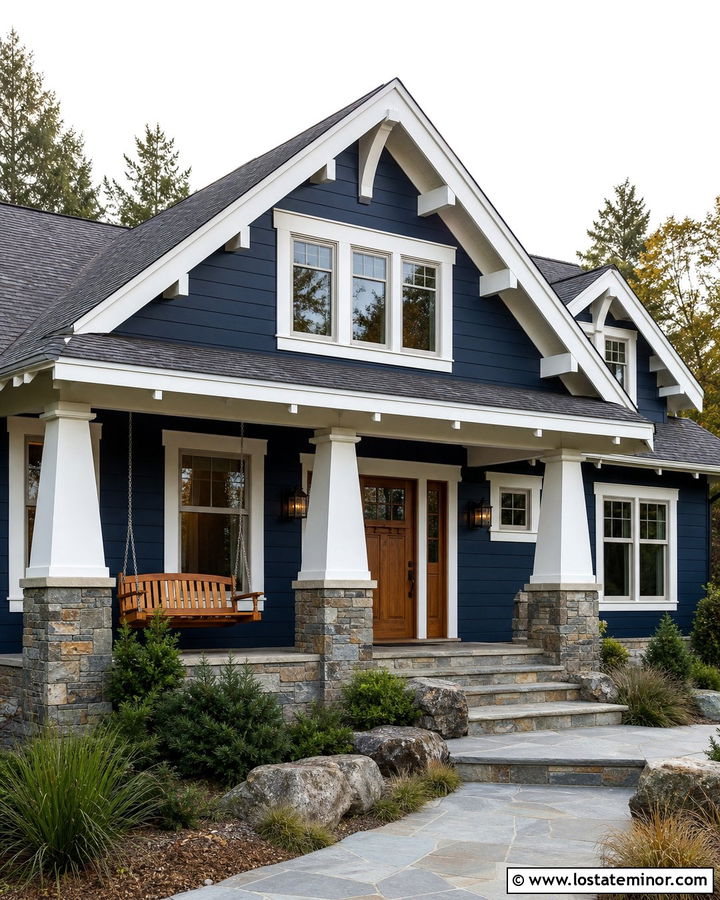 Midnight Blue Craftsman With Stone And Swing - 30 Midnight Blue House Design With Swing Ideas