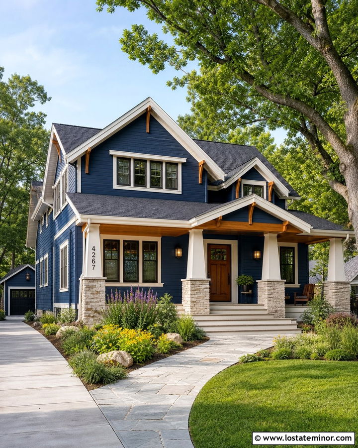 Midnight Blue Craftsman With Stone Column Numbers - 30 Midnight Blue House Design With House Numbers Ideas
