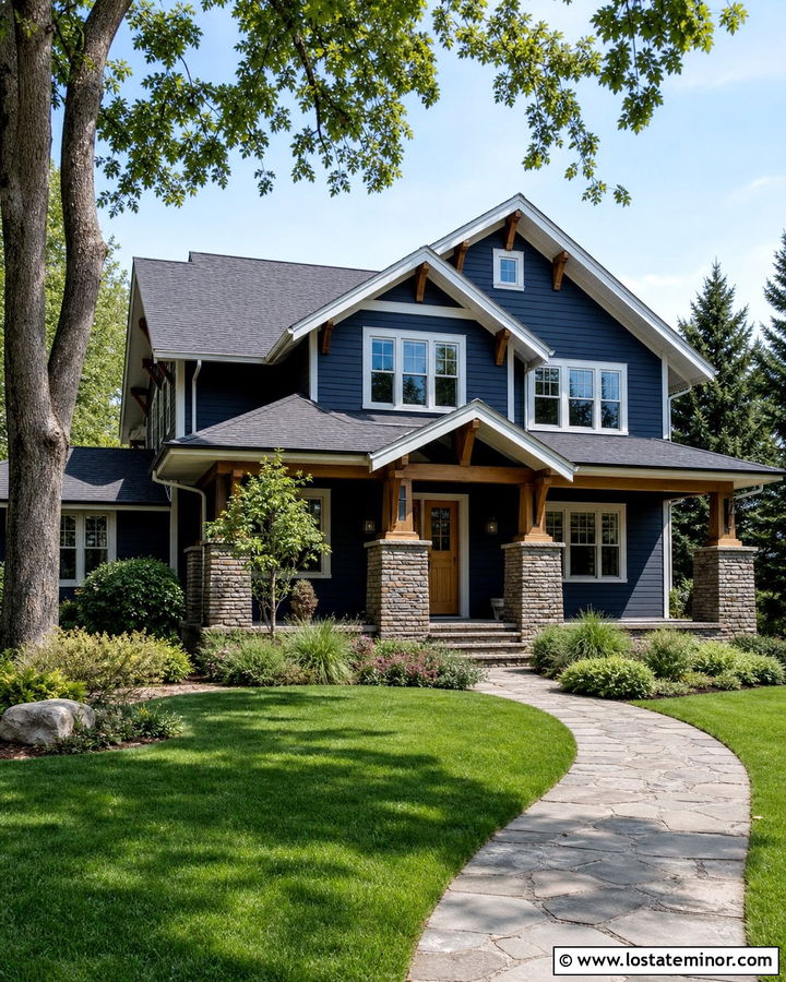 Midnight Blue Craftsman With Stone Columns - 30 Midnight Blue House Design With Stone Accents Ideas