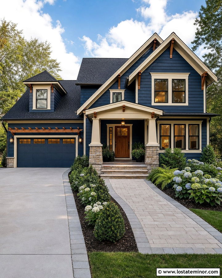 Midnight Blue Craftsman With Stone Driveway Border - 30 Midnight Blue House Design With Driveway Ideas