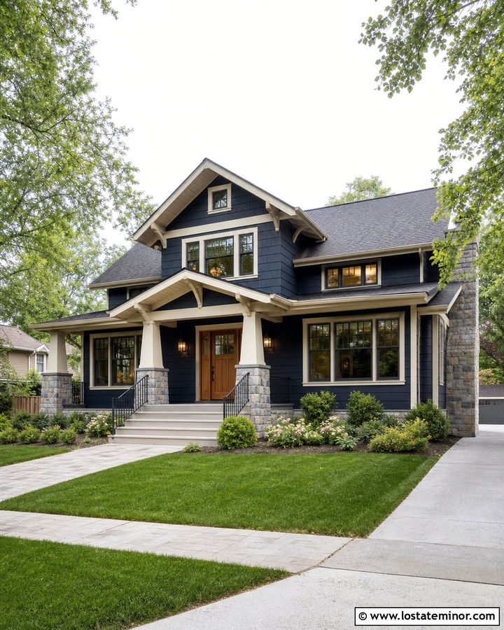 Midnight Blue Craftsman With Stone Porch And Iron Railings - 30 Midnight Blue House Design With Railings Ideas