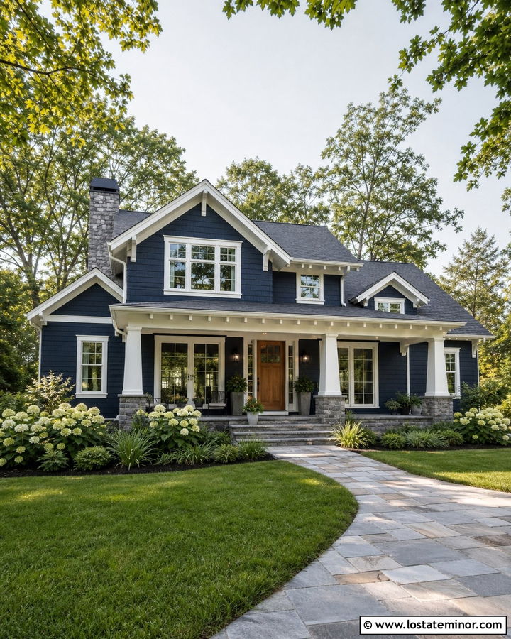 Midnight Blue Craftsman With White Porch Columns - 30 Midnight Blue House Design With Front Porch Ideas