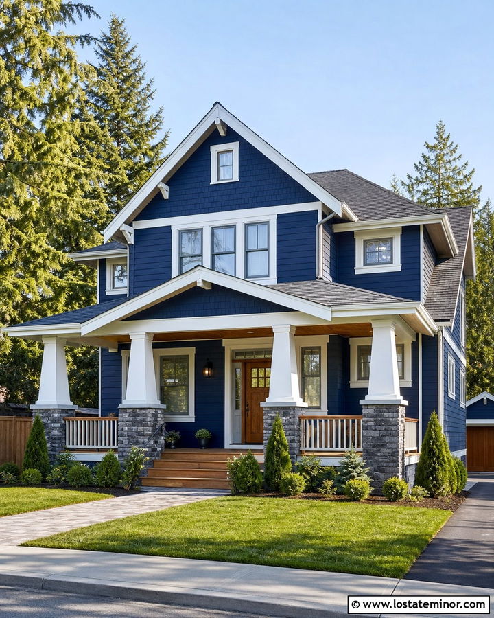 Midnight Blue Craftsman With White Tapered Porch Columns - 30 Midnight Blue House Design With Porch Columns Ideas
