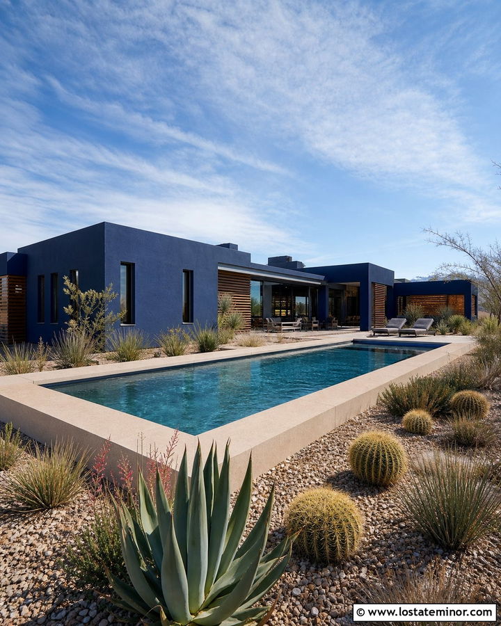 Midnight Blue Desert House With Warm Concrete Pool - 30 Midnight Blue House Design With Swimming Pool Ideas