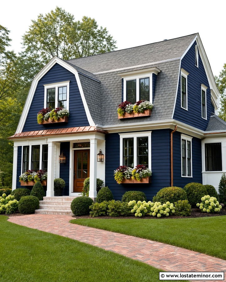 Midnight Blue Dutch Colonial With Copper Window Boxes - 30 Midnight Blue House Design With Window Boxes Ideas