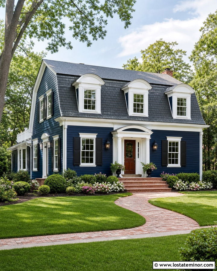 Midnight Blue Dutch Colonial With Curved Brick Steps - 30 Midnight Blue House Design With Steps Ideas