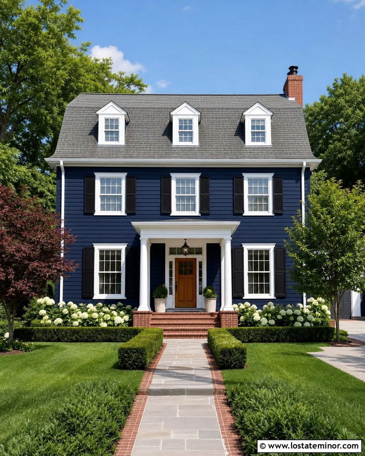 Midnight Blue Dutch Colonial With White Porch Columns - 30 Midnight Blue House Design With Porch Columns Ideas