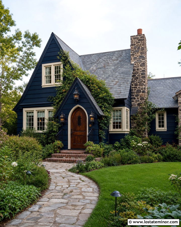 Midnight Blue English Cottage With Arched Mahogany Door - 30 Midnight Blue House Design With Entry Door Ideas