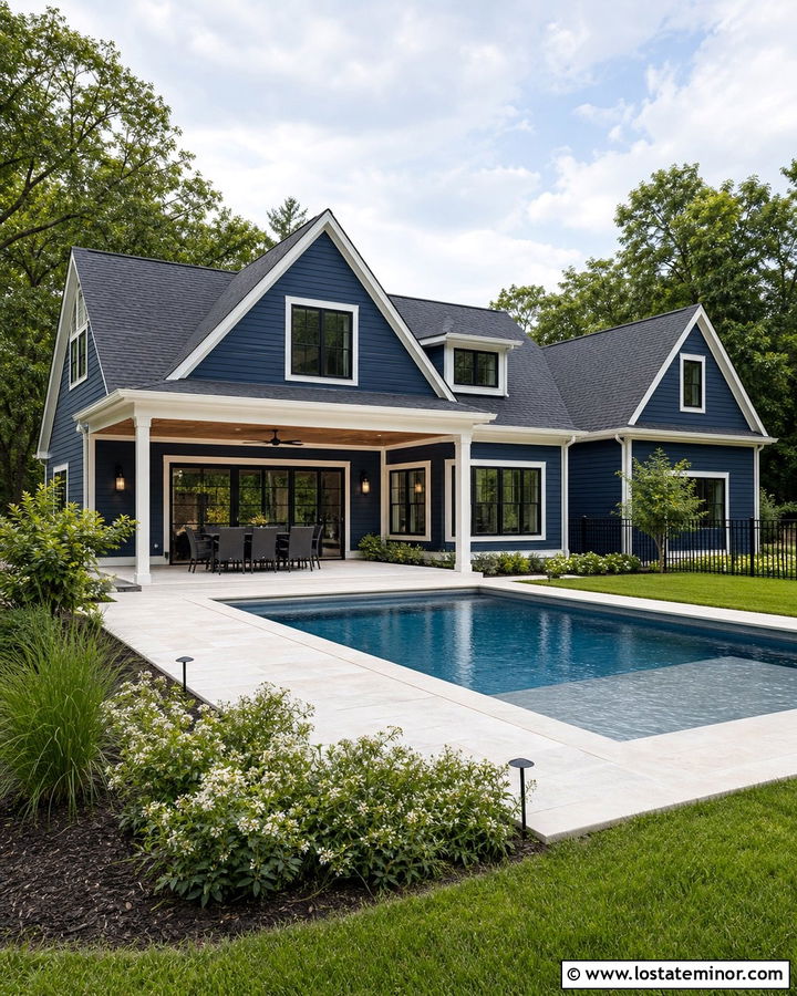 Midnight Blue Family House With Shallow Entry Pool - 30 Midnight Blue House Design With Swimming Pool Ideas