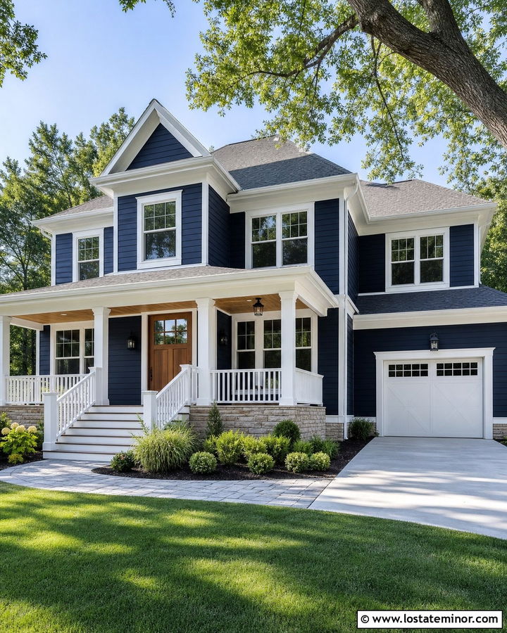 Midnight Blue Family House With White Composite Railings - 30 Midnight Blue House Design With Railings Ideas