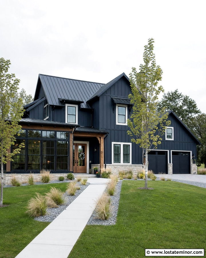 Midnight Blue Farmhouse With Black Frame Sunroom - 30 Midnight Blue House Design With Sunroom Ideas
