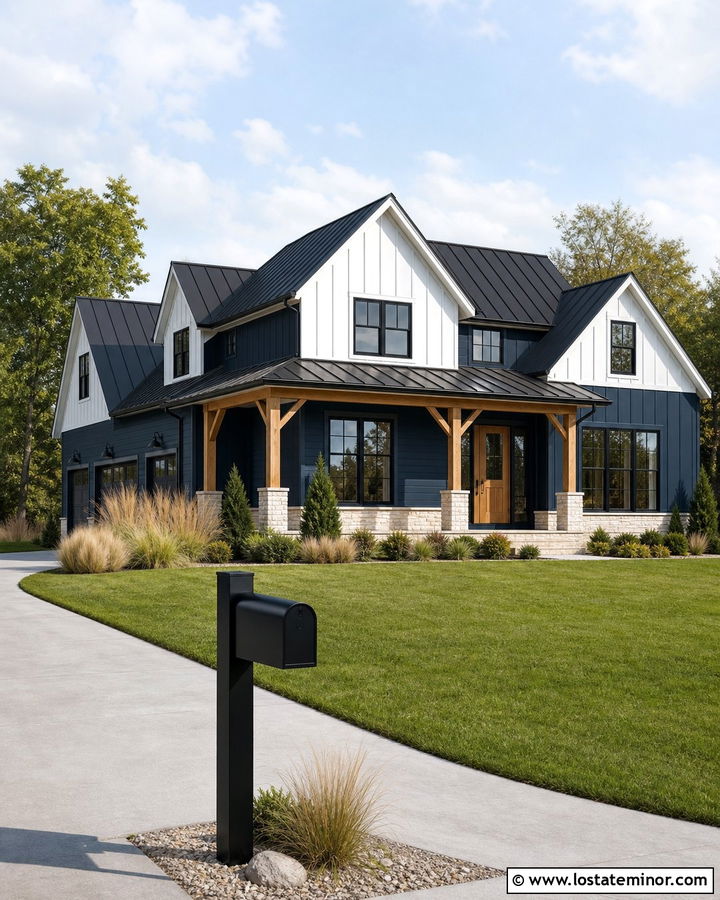Midnight Blue Farmhouse With Black Mailbox - 30 Midnight Blue House Design With Mailbox Ideas