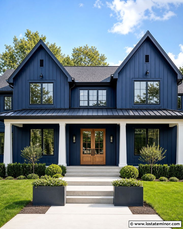 Midnight Blue Farmhouse With Black Porch Roof - 30 Midnight Blue House Design With Front Porch Ideas