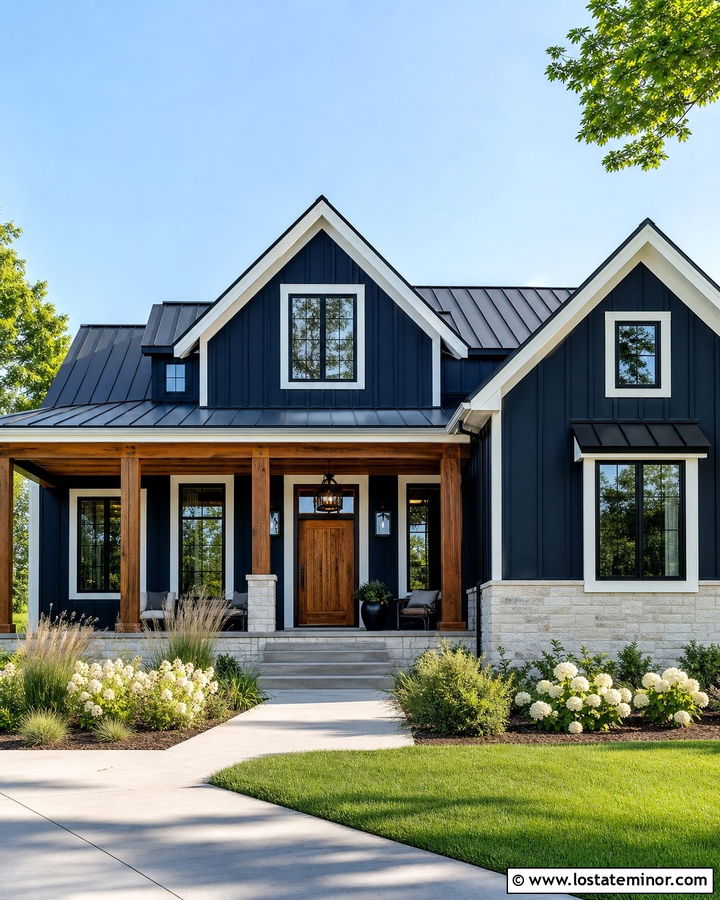 Midnight Blue Farmhouse With Cedar Entry Door - 30 Midnight Blue House Design With Entry Door Ideas