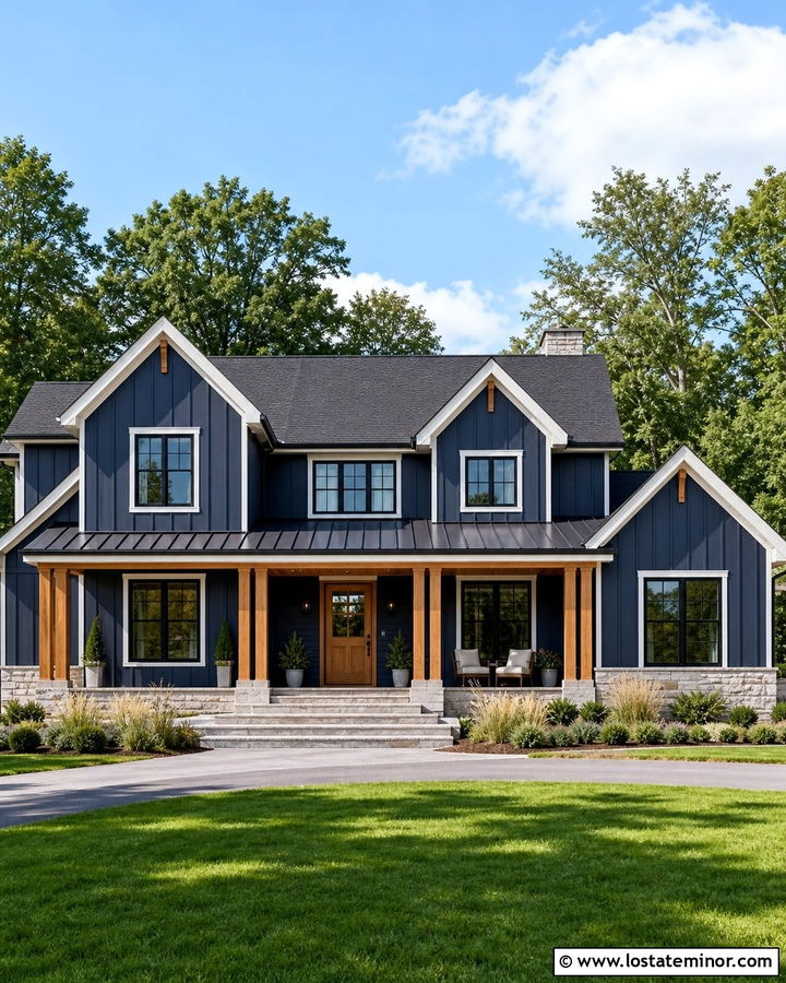 Midnight Blue Farmhouse With Cedar Porch Columns - 30 Midnight Blue House Design With Porch Columns Ideas