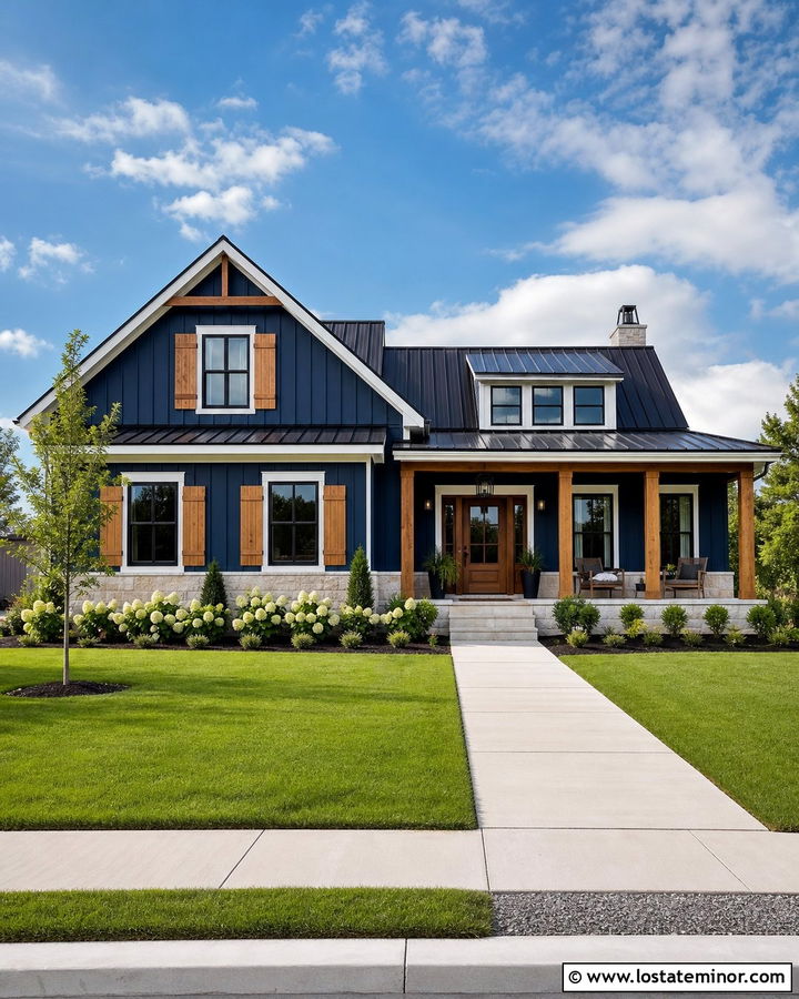 Midnight Blue Farmhouse With Cedar Shutters - 30 Midnight Blue House Design With Shutters Ideas